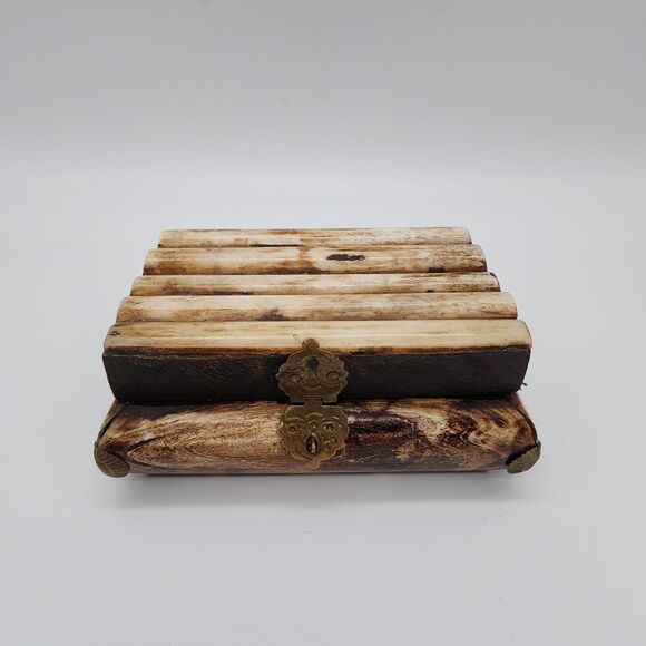 Vintage Camel Bone Hinged Trinket Box Jewelry Brass Velvet Lined Handmade India - Picture 1 of 14